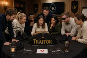 AI genereated group of people taking part in the traitor experience