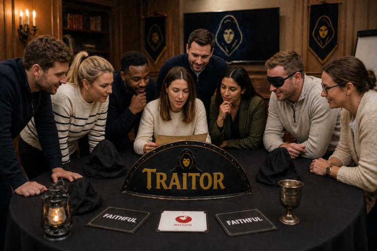 AI genereated group of people taking part in the traitor experience
